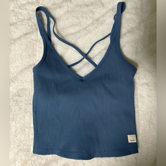 Vuori Rib Crop Ribbed Cropped Tank Top Crossed Back in Pool Blue - Picture 4 of 6